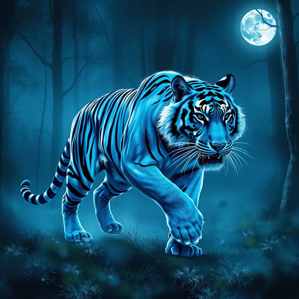 Electric Blue Tiger Roars Through Moonlit Forest