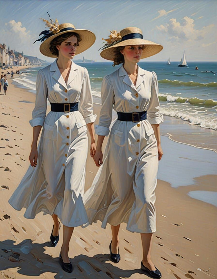 Elegant Women Stroll Along the Seaside in Impressionist Oil ...
