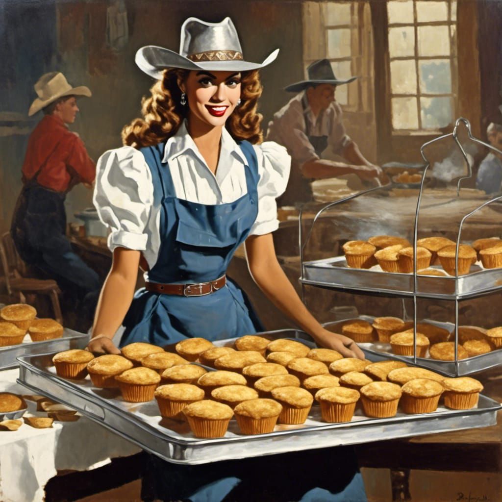 Beyonce Lookalike at Bake Sale in 1950s Oil Painting