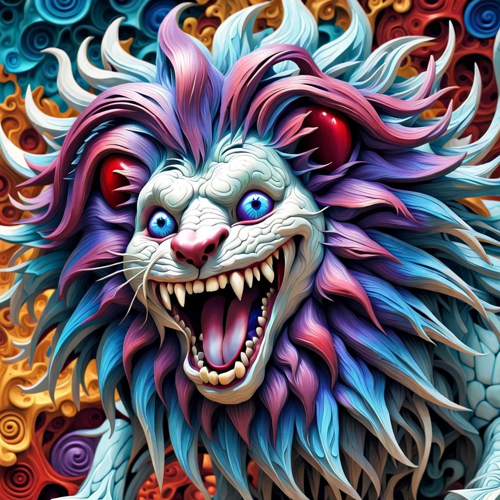 Surreal Lion with Purple Hair, Impasto Art