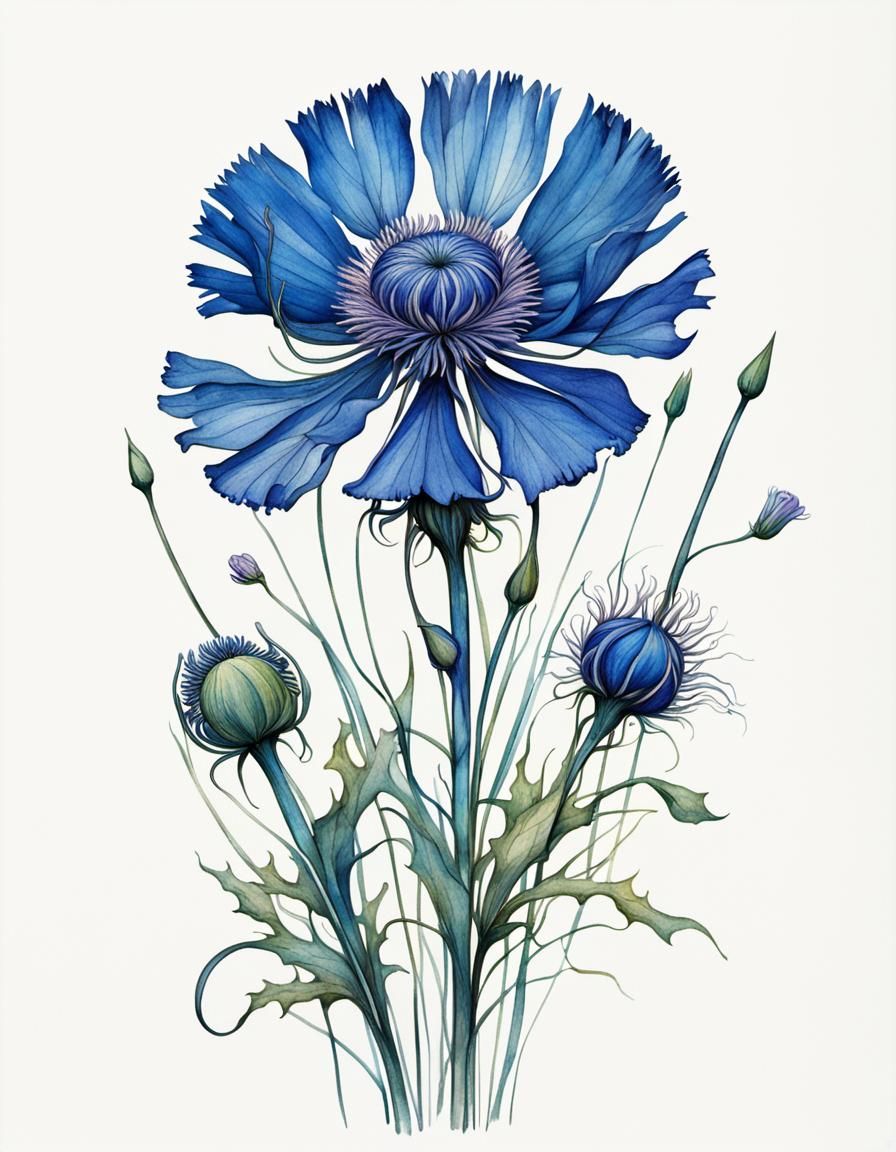 Blue Bachelor's Button in Art Nouveau Style