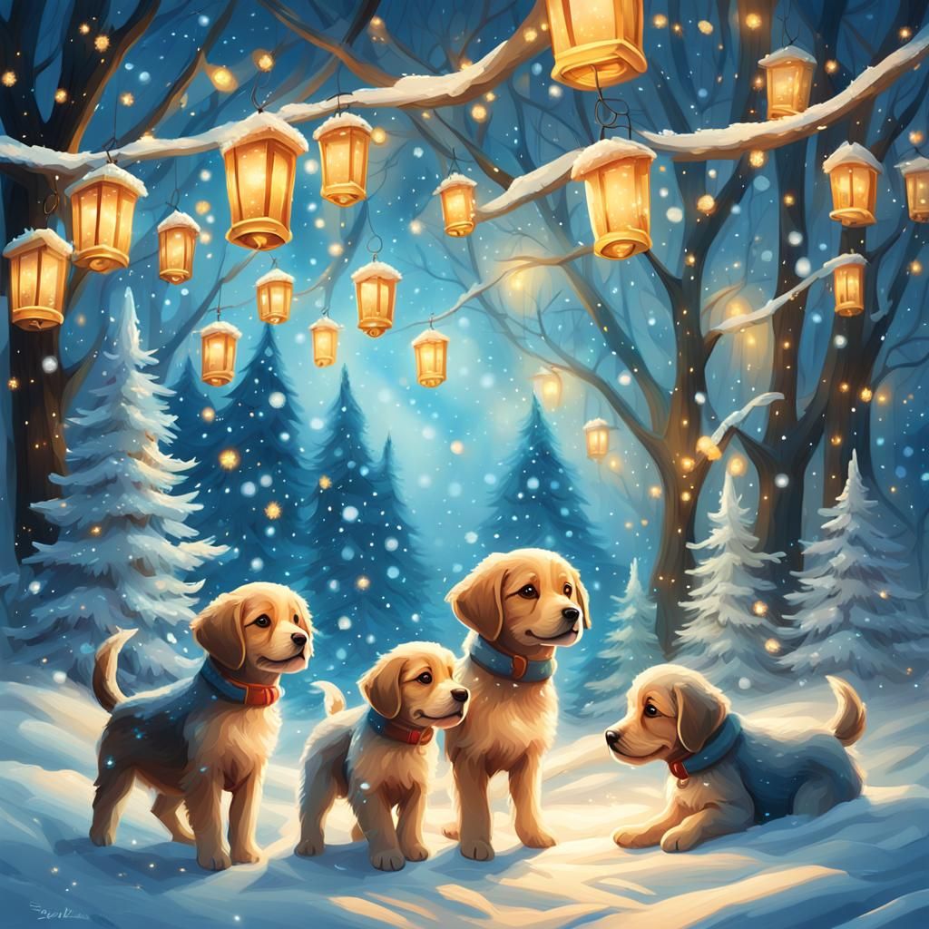 Puppies Play in Whimsical Winter Wonderland