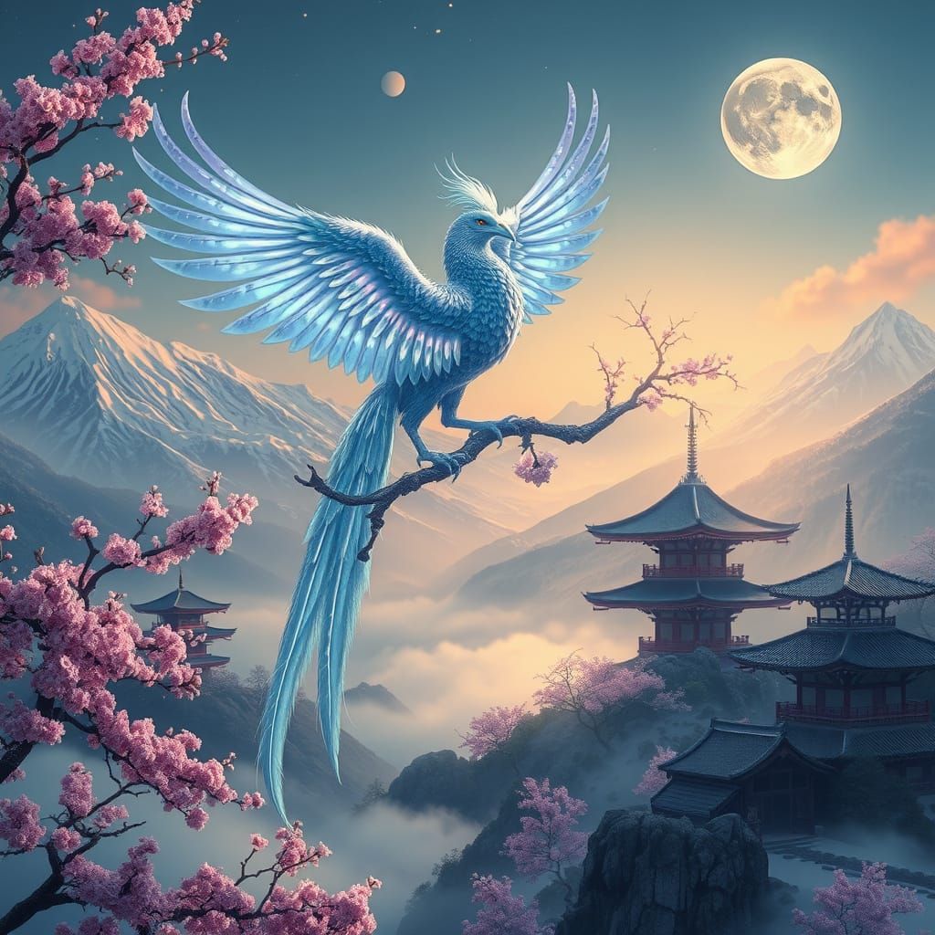 Bioluminescent Phoenix on Sakura Tree in Art Nouveau Style