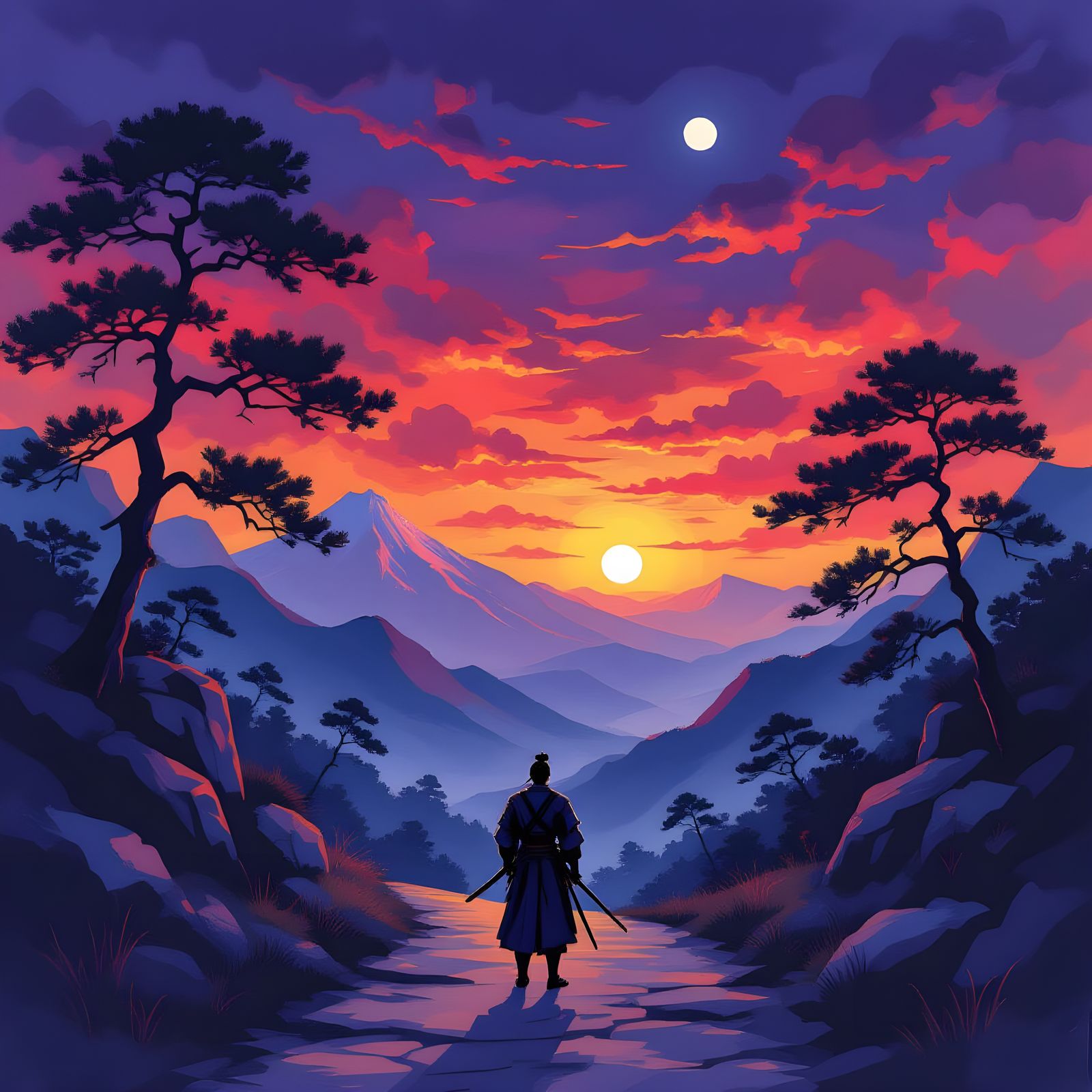 Samurai's Path Epic Impressionist Gouache Painting