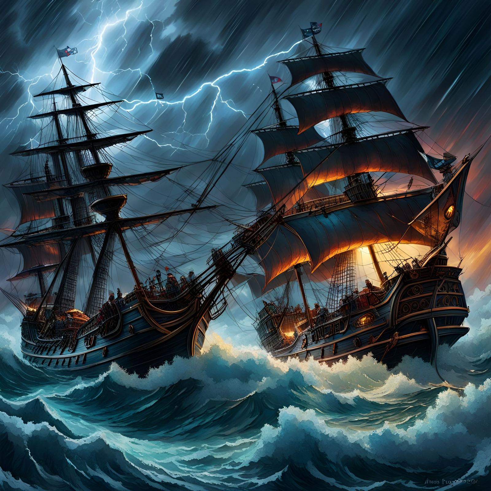 Pirate ships in close combat  in the storm