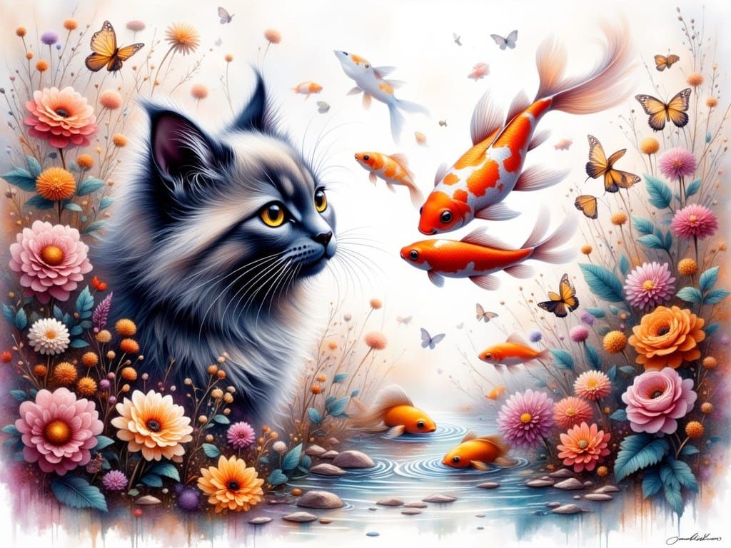 Surrealistic Ragdoll Cat Contemplates Koi Fish in a Serene W...