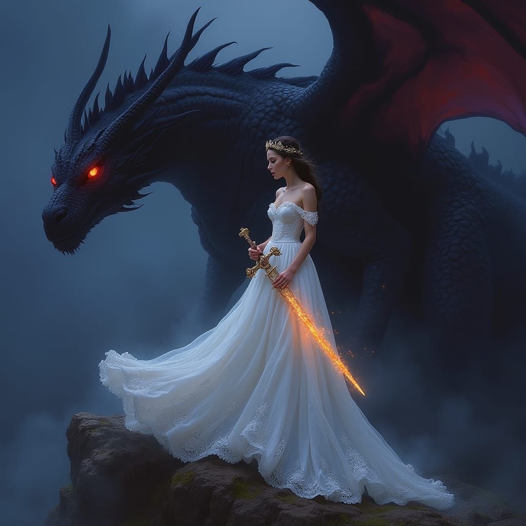 Ethereal Princess Battles Majestic Dragon in Dark Fantasy La...
