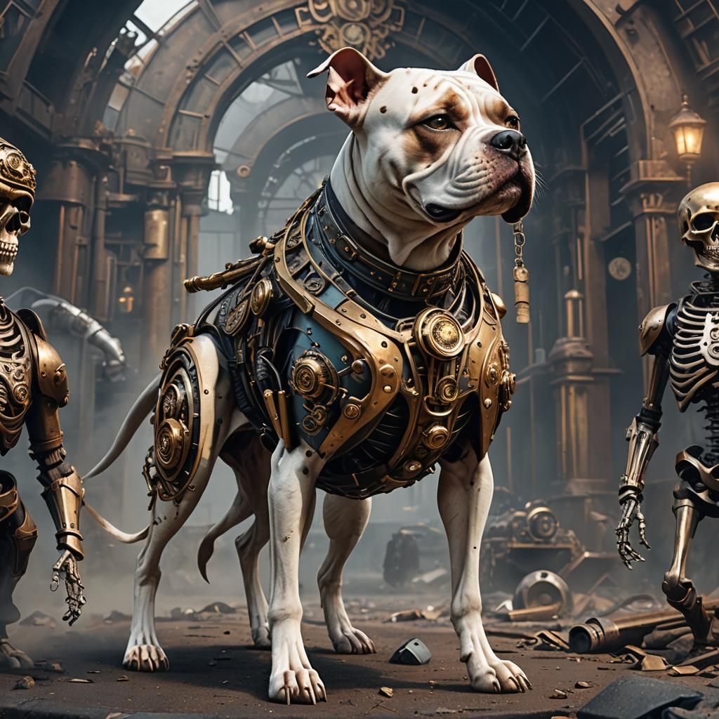 Steampunk Staffordshire Terrier with Futuristic Soldier