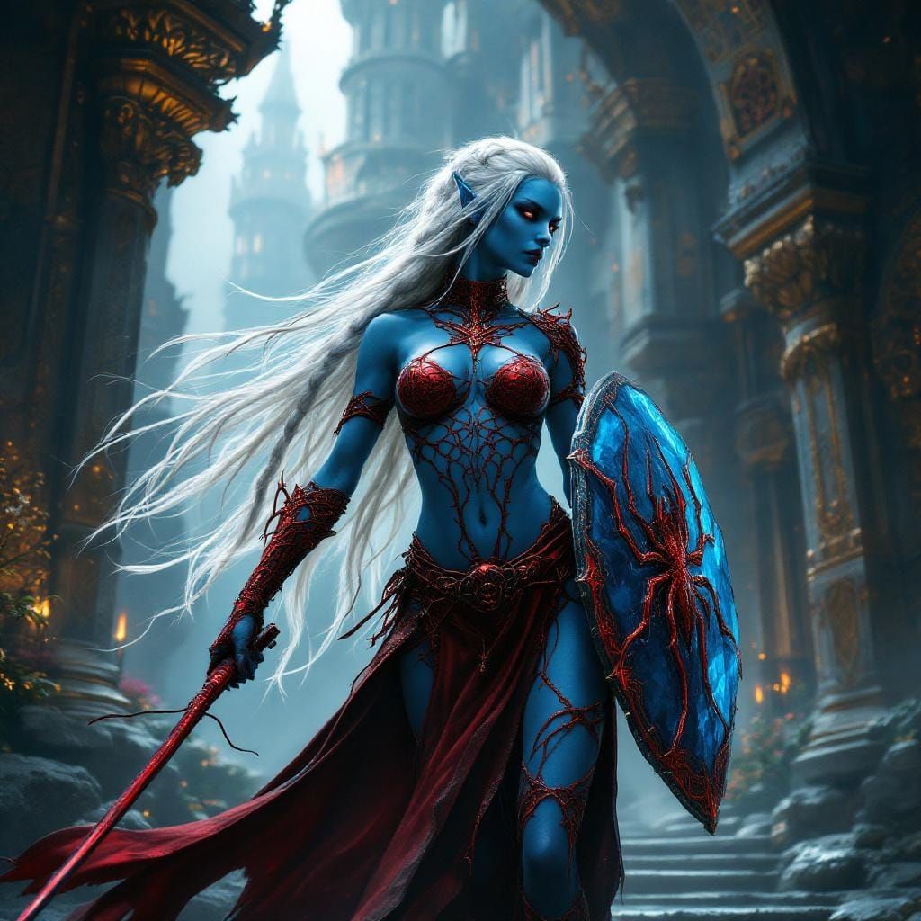 Blue Elf Cleric in Spiderweb Armor: Fantasy Art