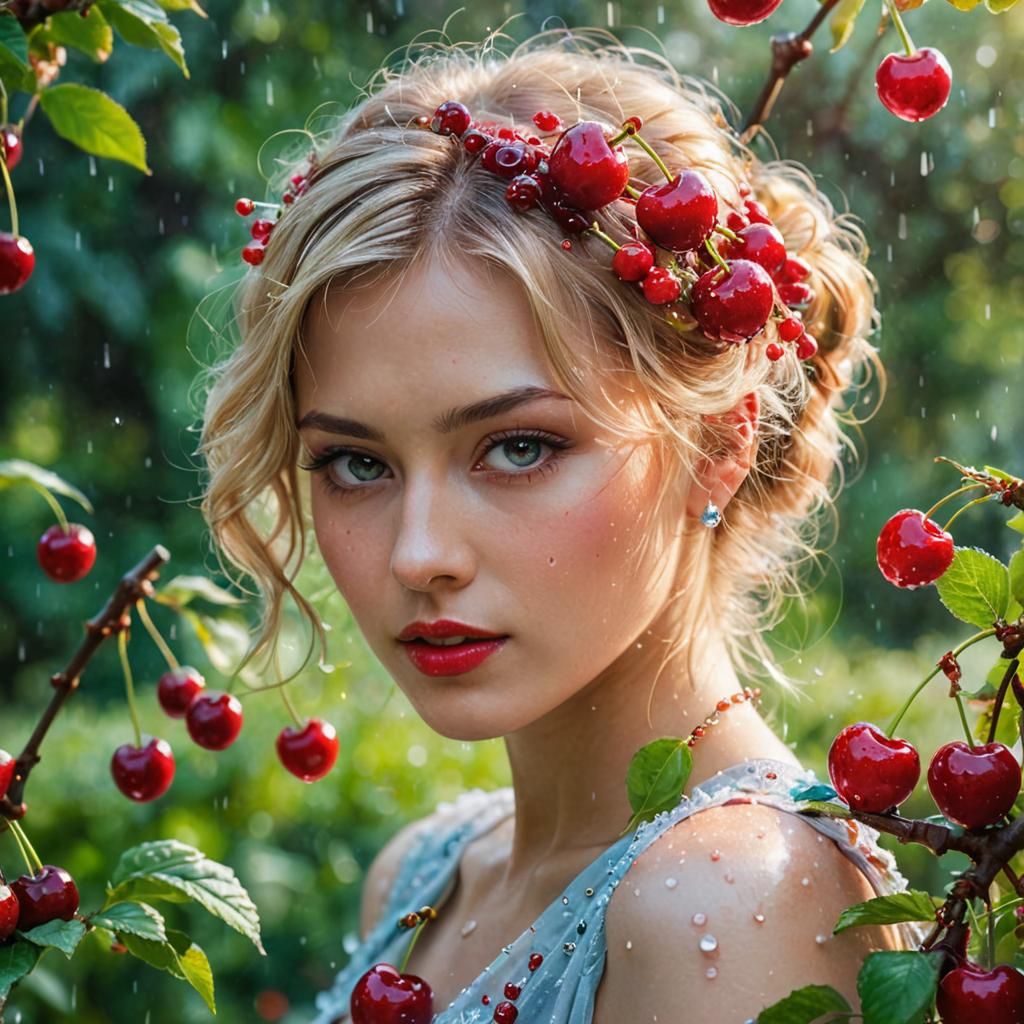 Hyperrealistic Cherries in a Pastel Fractal Garden