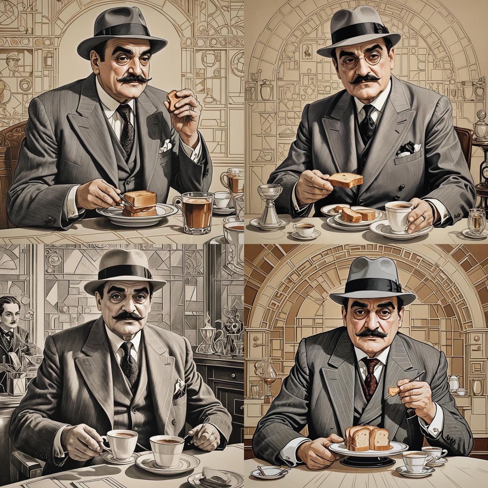 Hercule Poirot in Art Deco Charcoal Drawing