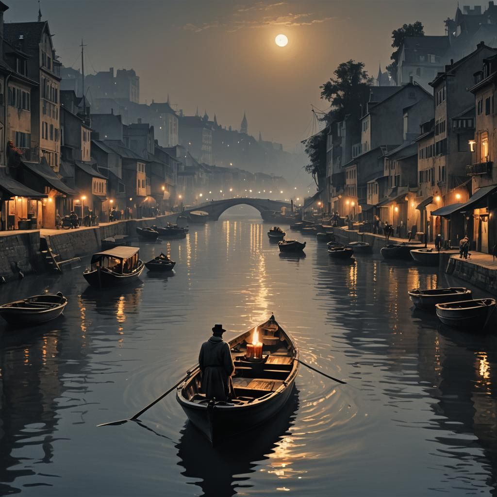 Hyperrealistic Silhouette on River at Night