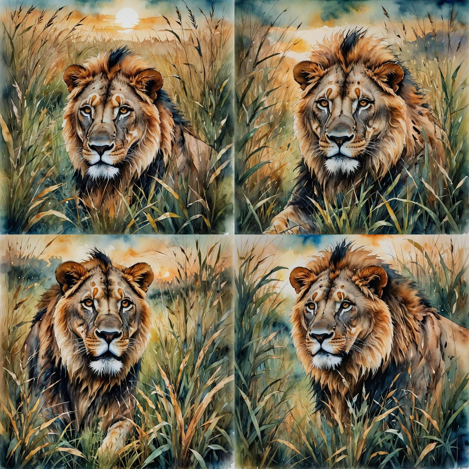 Lion in Savannah Dusk: Watercolour Alcohol Ink Art
