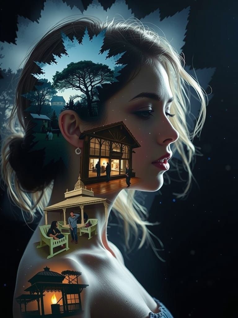 Ethereal Female Silhouette in Double Exposure Collage