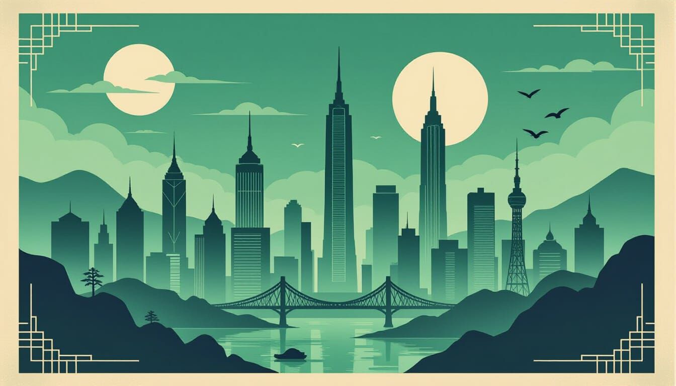 Eerie Chongqing Skyline in Art Deco Style