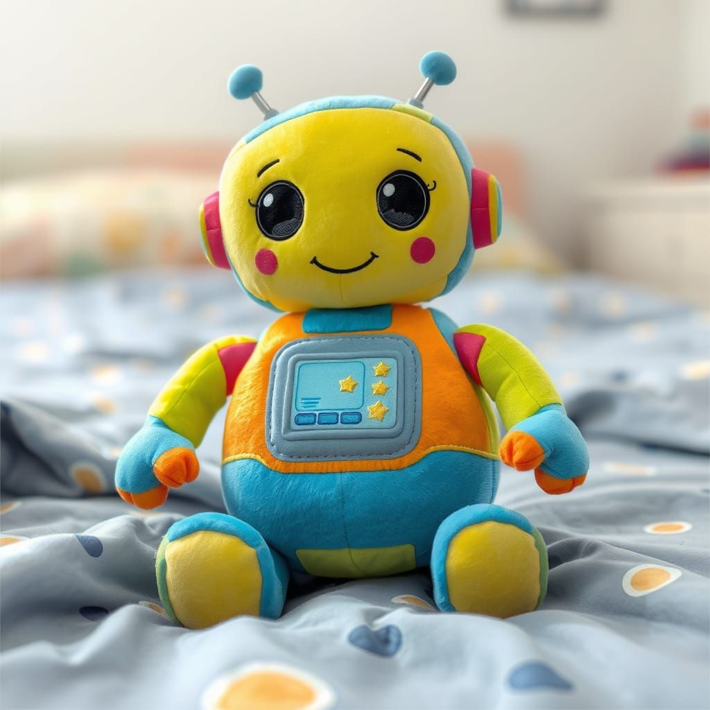 Colorful Plush Robot Toy in a Child's Bedroom