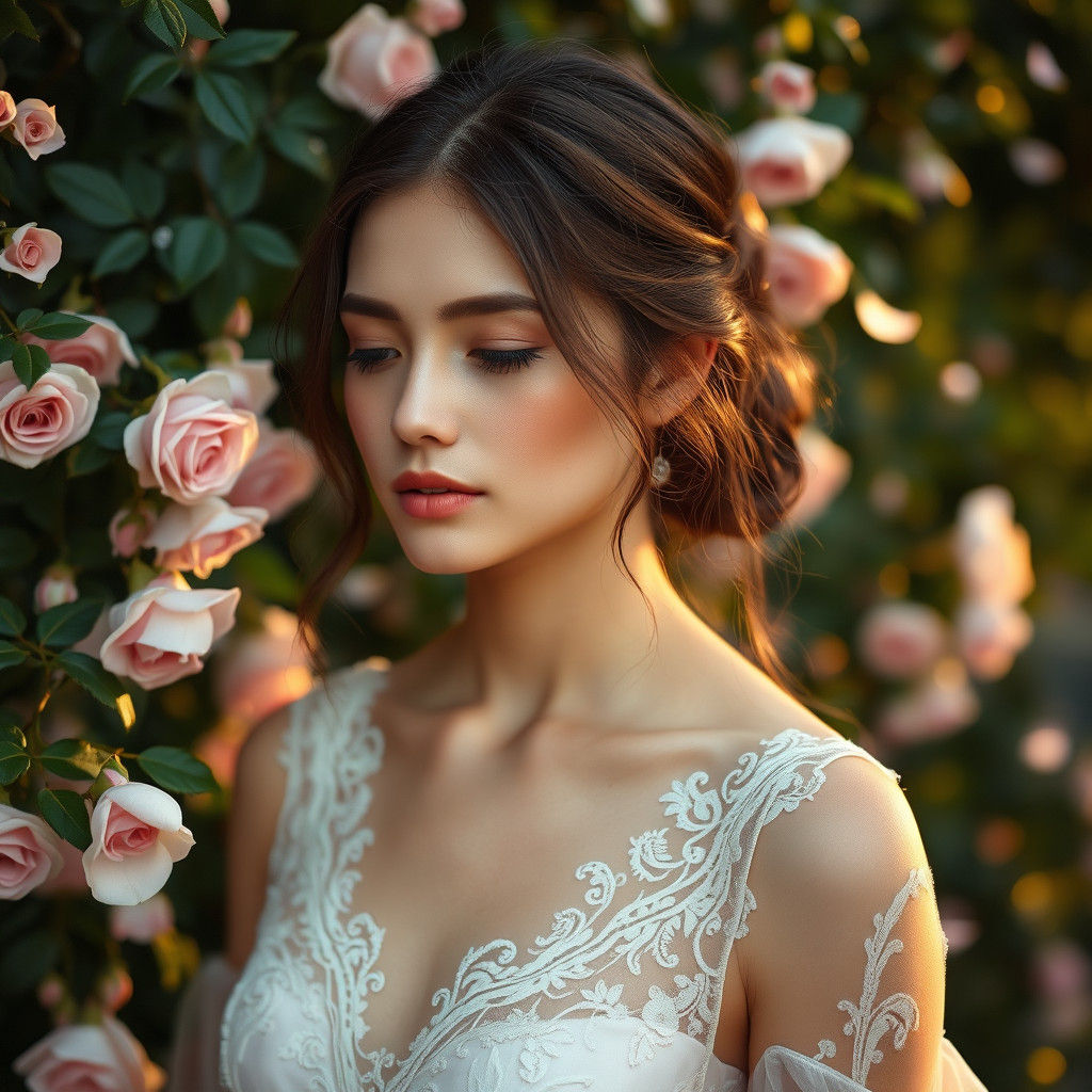Dreamy Portrait of Woman with Rose Petals