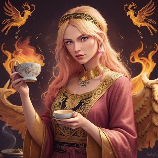 Blonde Woman with Phoenix Headband Tarot Art