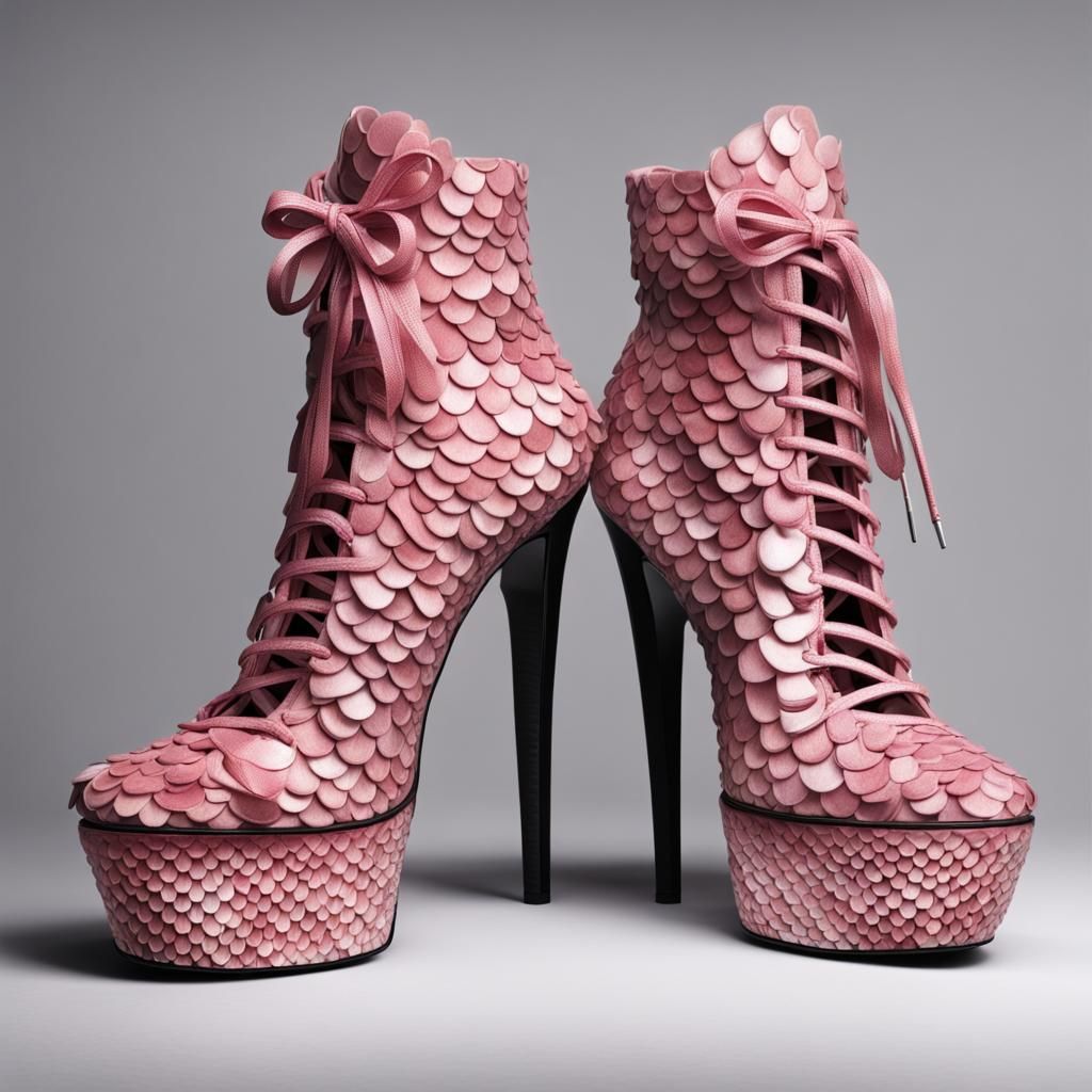 Pink Fish Scale Platform Shoes with Seaweed Laces