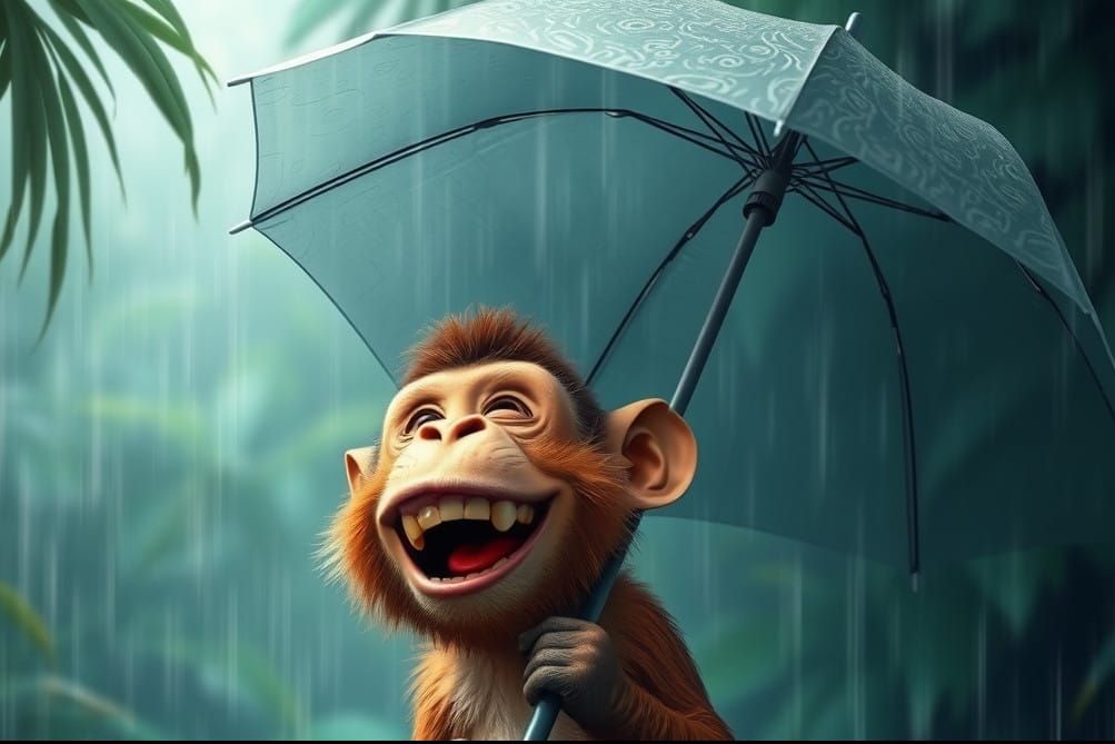 Surreal Monkey in Jungle Rain Storm