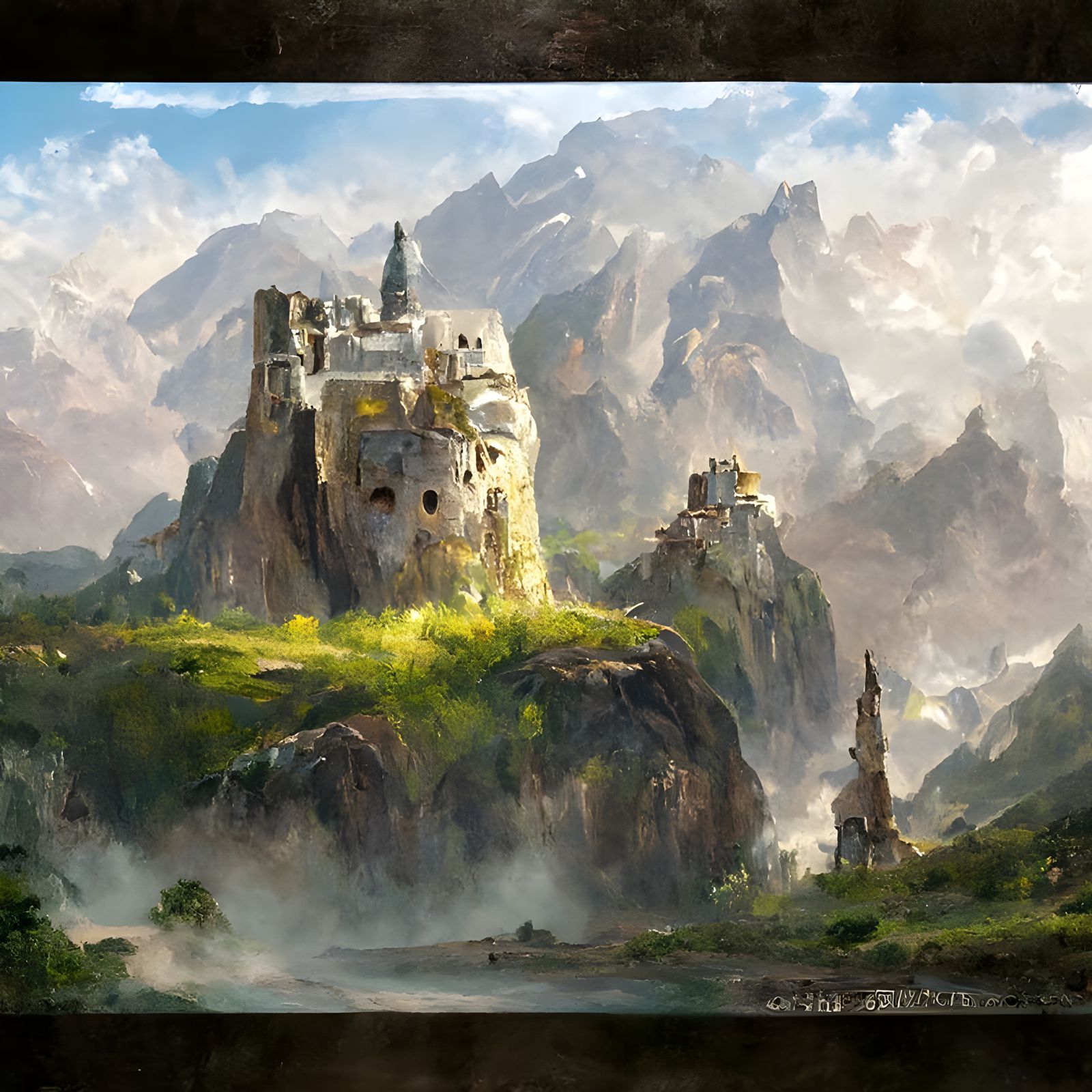 Fantasy Castle on Distant Mountain Landscape