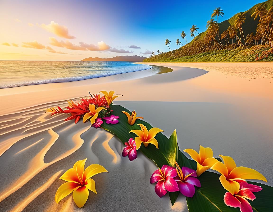 Tropical Paradise: Golden Beach and Pacific Flowers