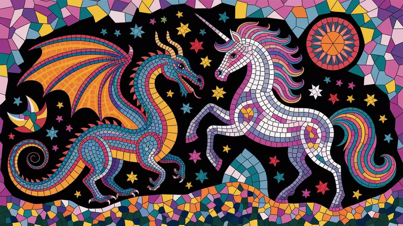 Dragon and Unicorn Mosaic Wall Mural in Vibrant Colors