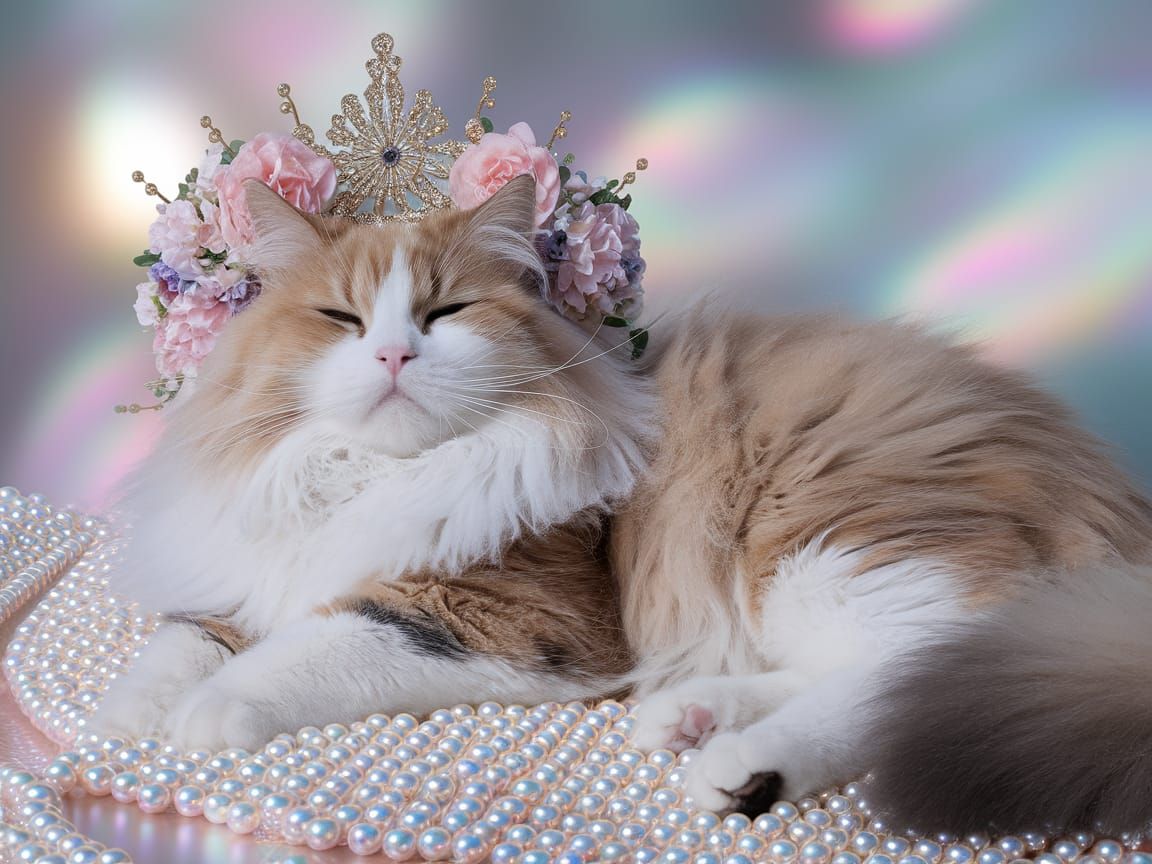 Calico Cat Queen on Pearls in Floral Crown