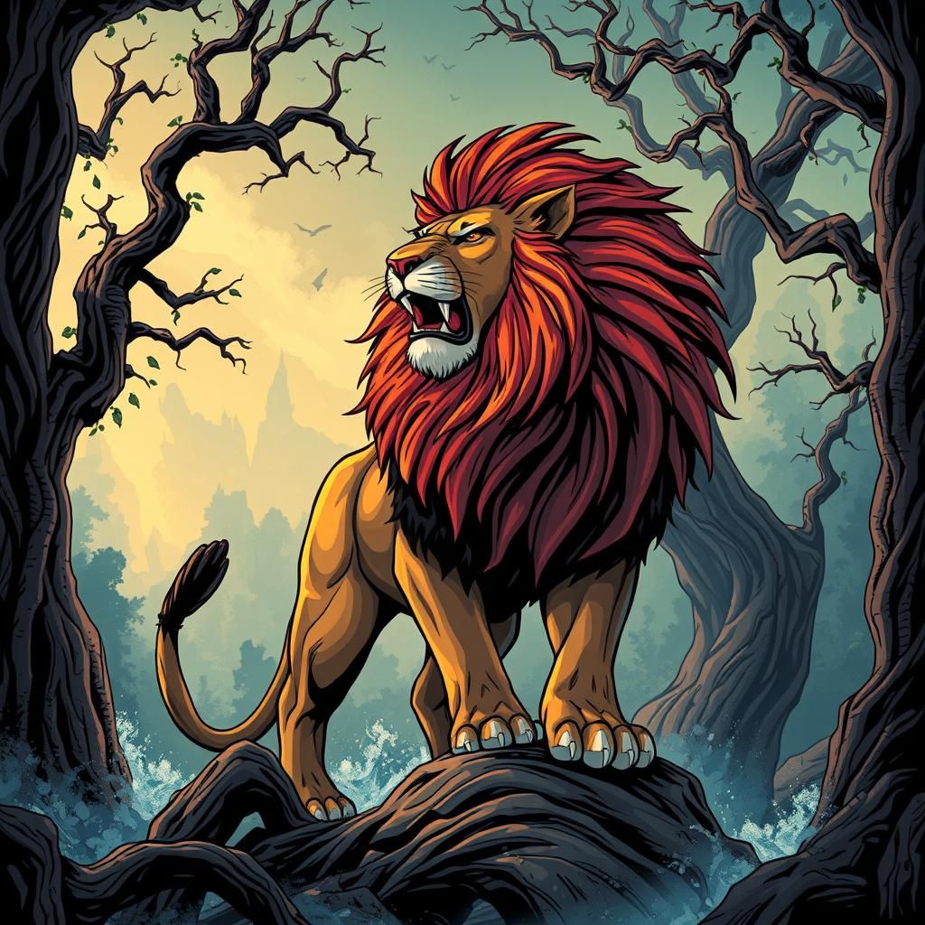 Majestic Lion in Fantastical Forest, Comic Book Art