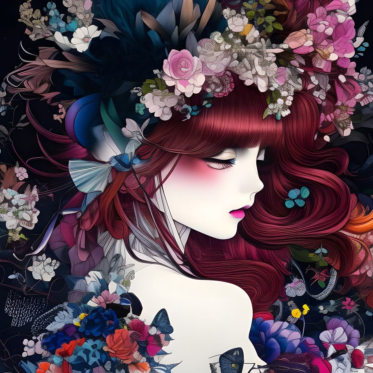 Girl with Ribbon Hair in Mixed Media Collage Art