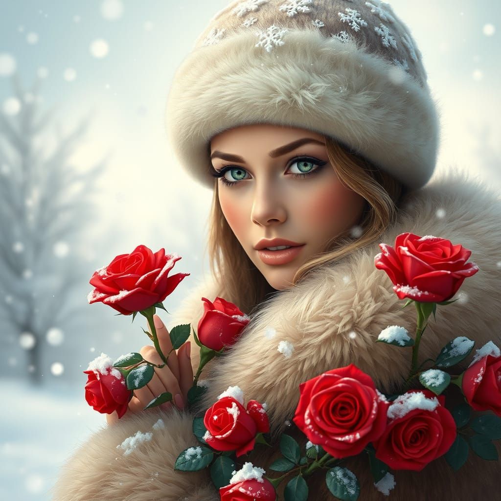 Ethereal Winter Wonderland with Snowy Roses and Green Eyes