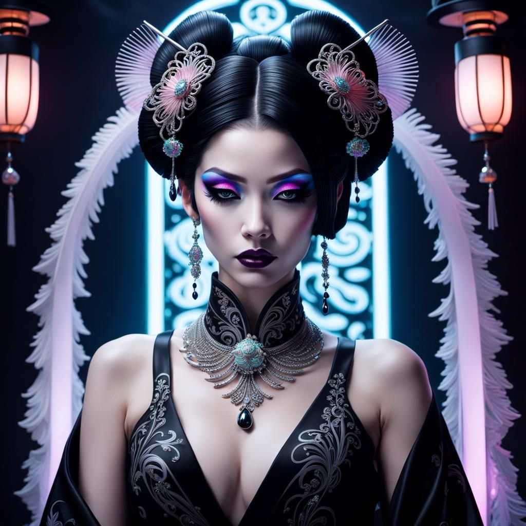 Gothic Geisha Portrait in Modern Ink Painting Style