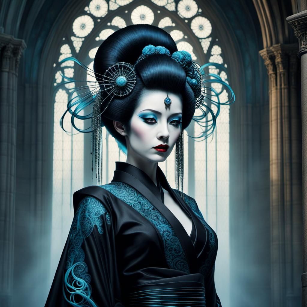 Gothic Geisha with Bioluminescent Tendrils in Cathedral