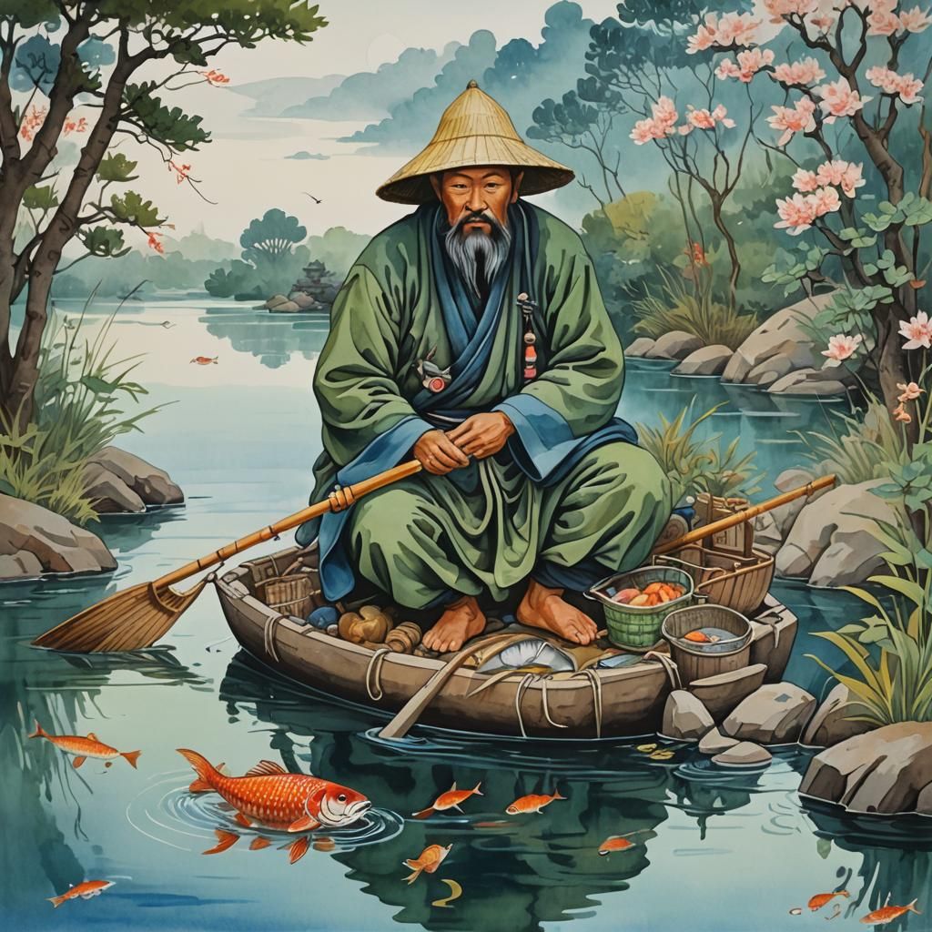 Fisherman in Oriental Gouache Painting