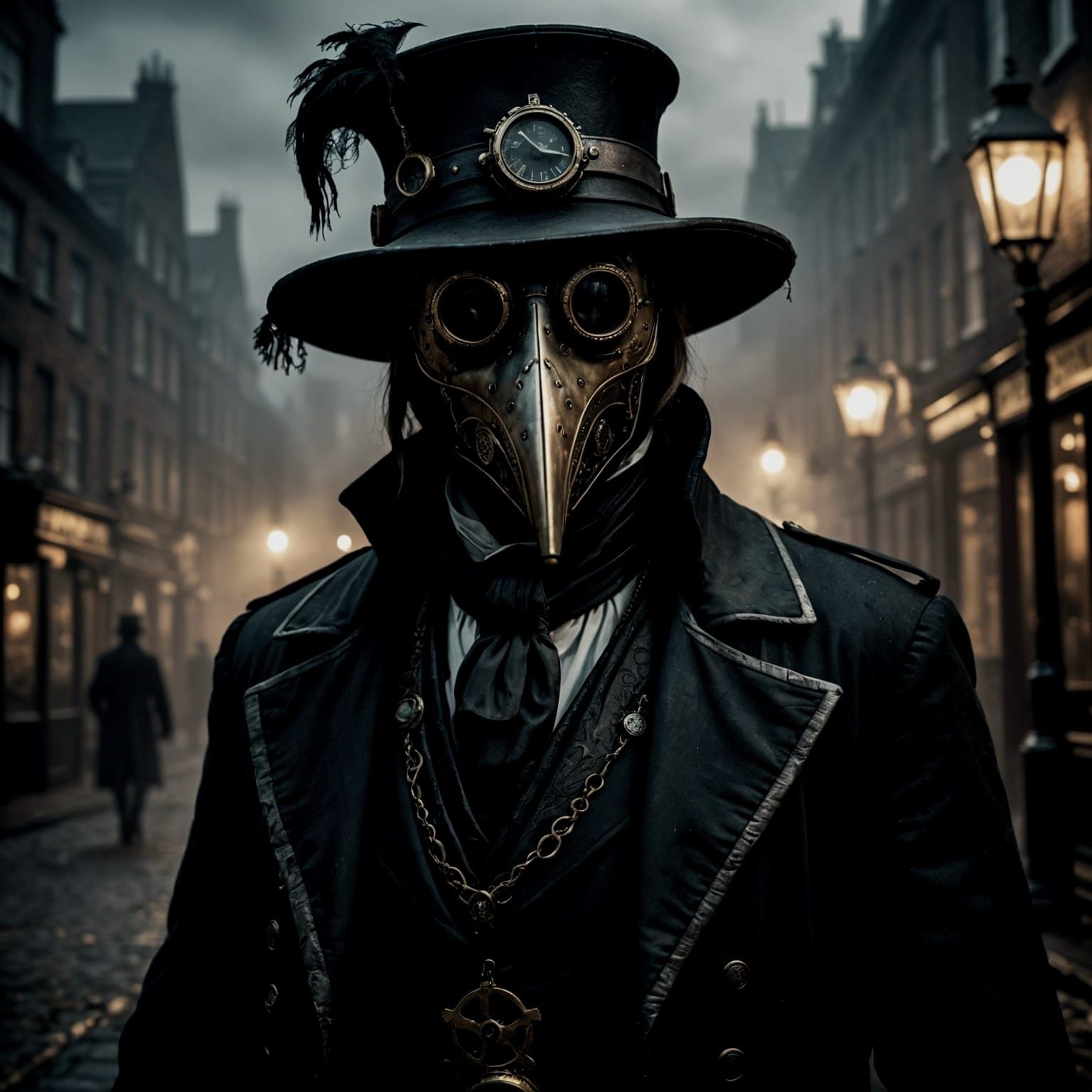 Steampunk Plague Doctor in Victorian London Fog