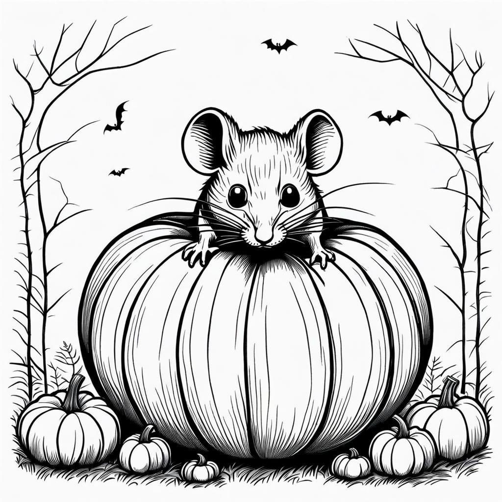 Mouse Peeking from Pumpkin: Minimalist Line Art