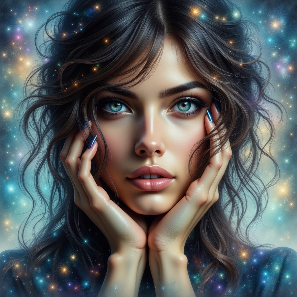 Oil Realism Painting of Woman with Blue Eyes