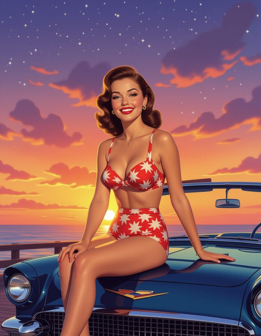 Vintage Pin-Up Girl on Classic Convertible at Sunset