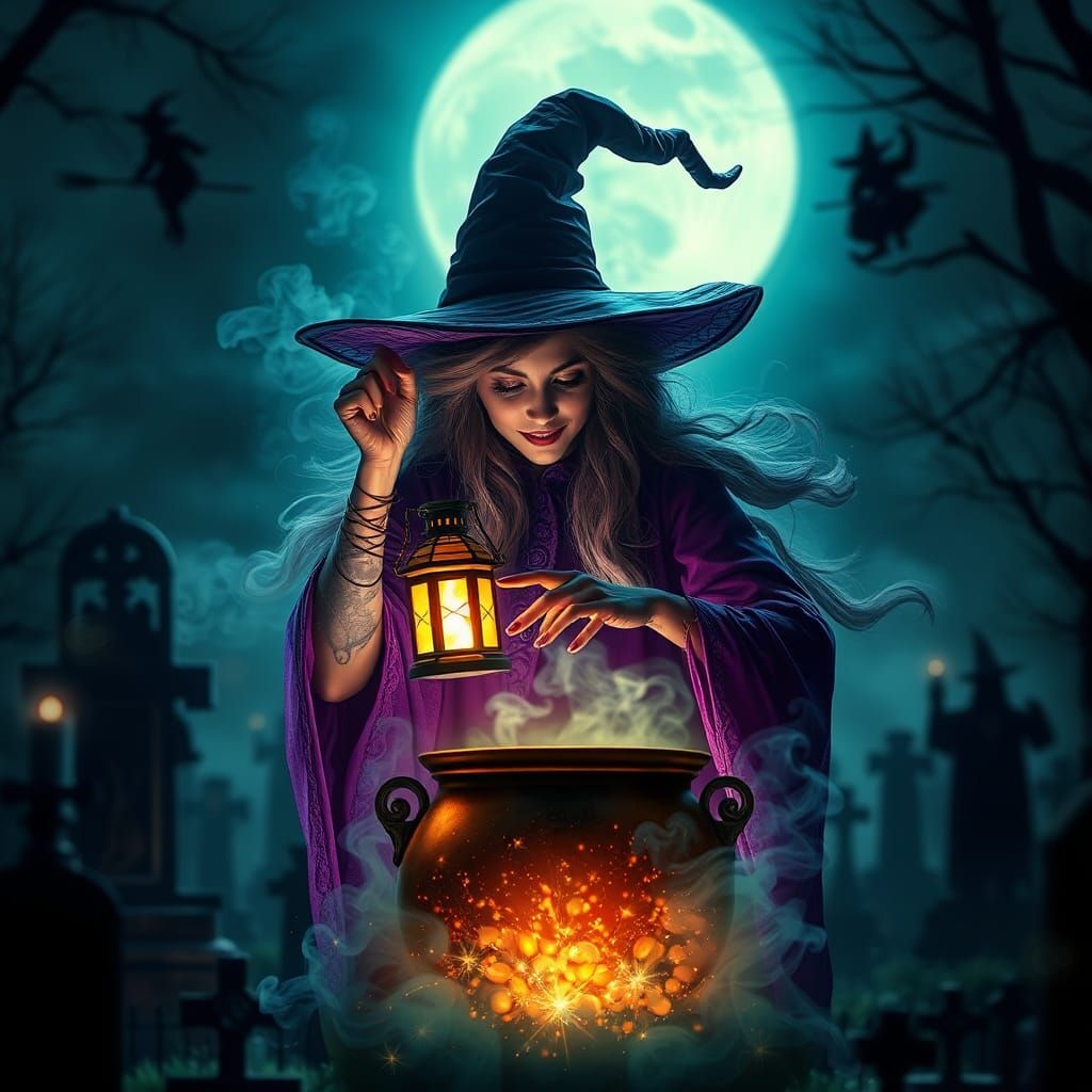 Magical Witch Dissolving in Gothic Cemetery