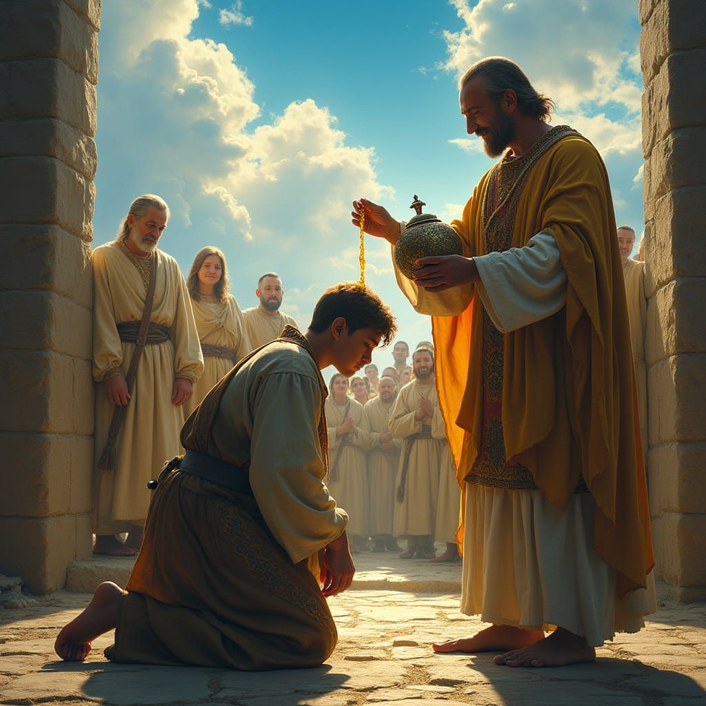 Anointing Ceremony in a Dramatic Cinematic Style