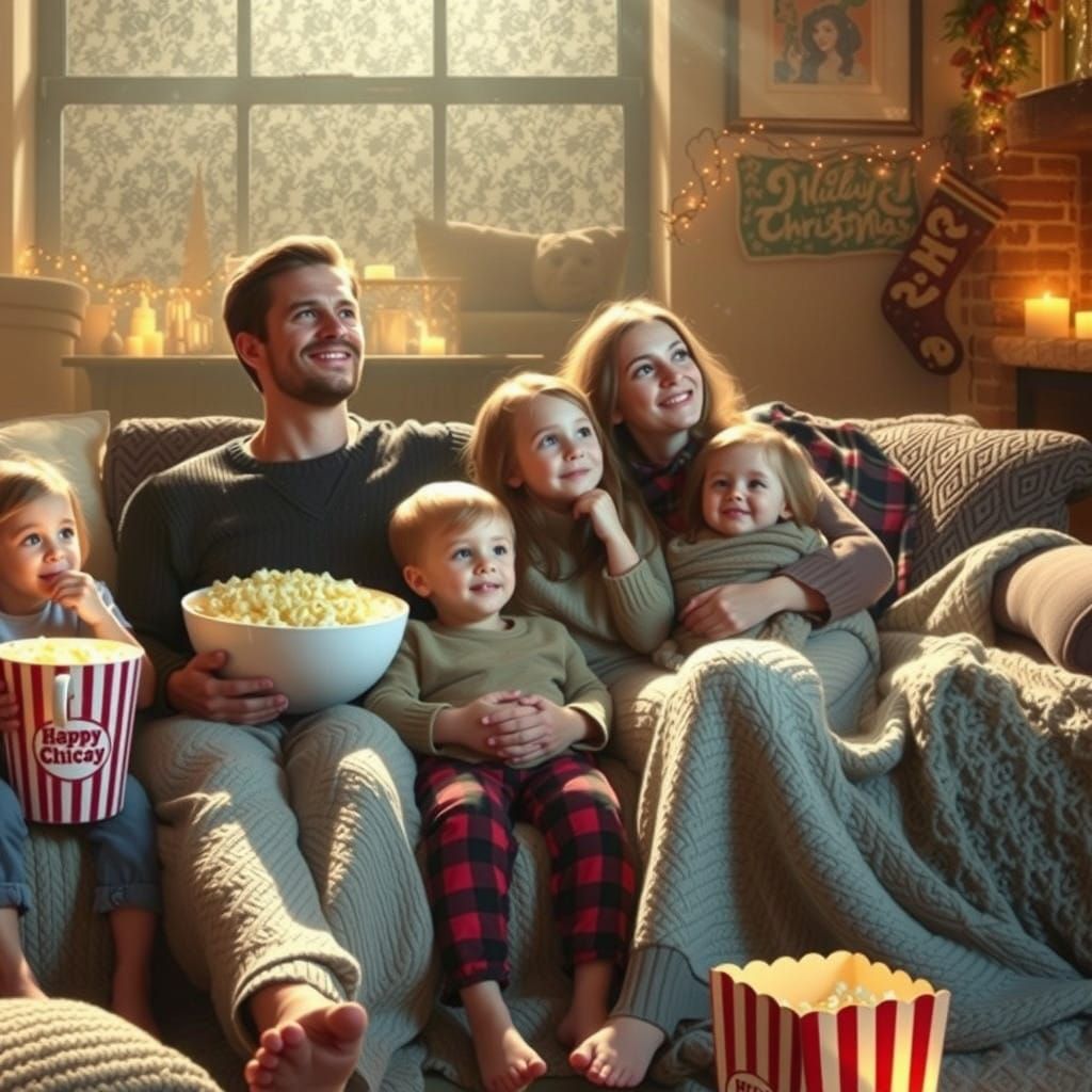 Cozy Family Home Theater Scene in Warm Holiday Ambiance