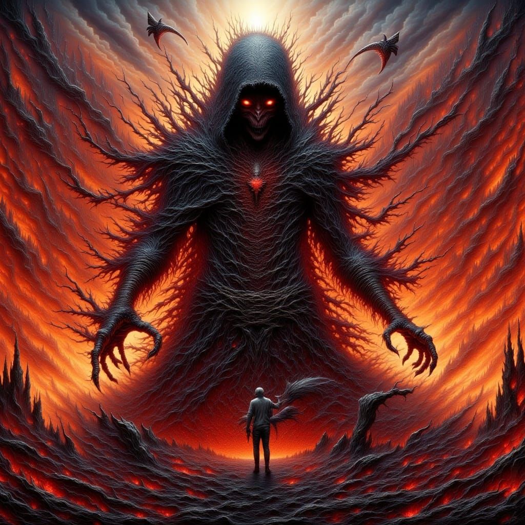Epic Dark Fantasy Figure Amidst Fiery Blaze
