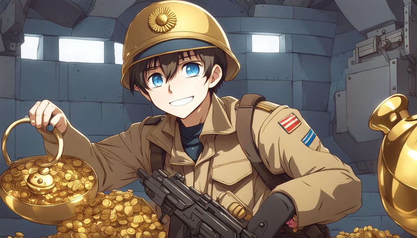 Anime Soldier in Bunker with Golden Loot