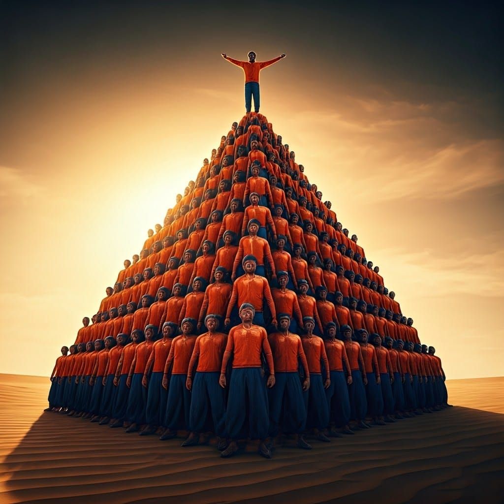 Monumental Human Pyramid in Golden Desert Landscape