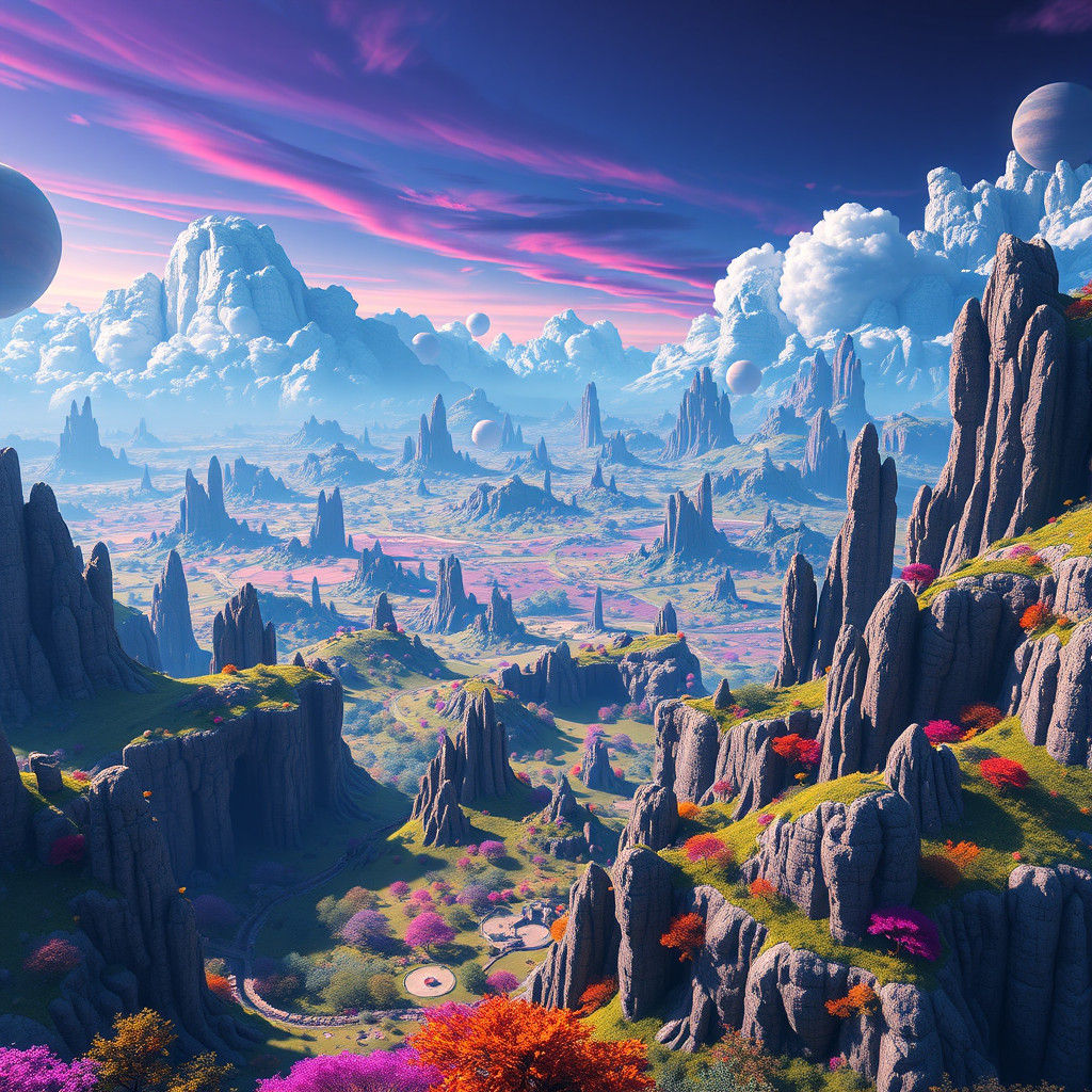 Surreal Fantasy Landscape in Vibrant Colors and Gradient Ski...