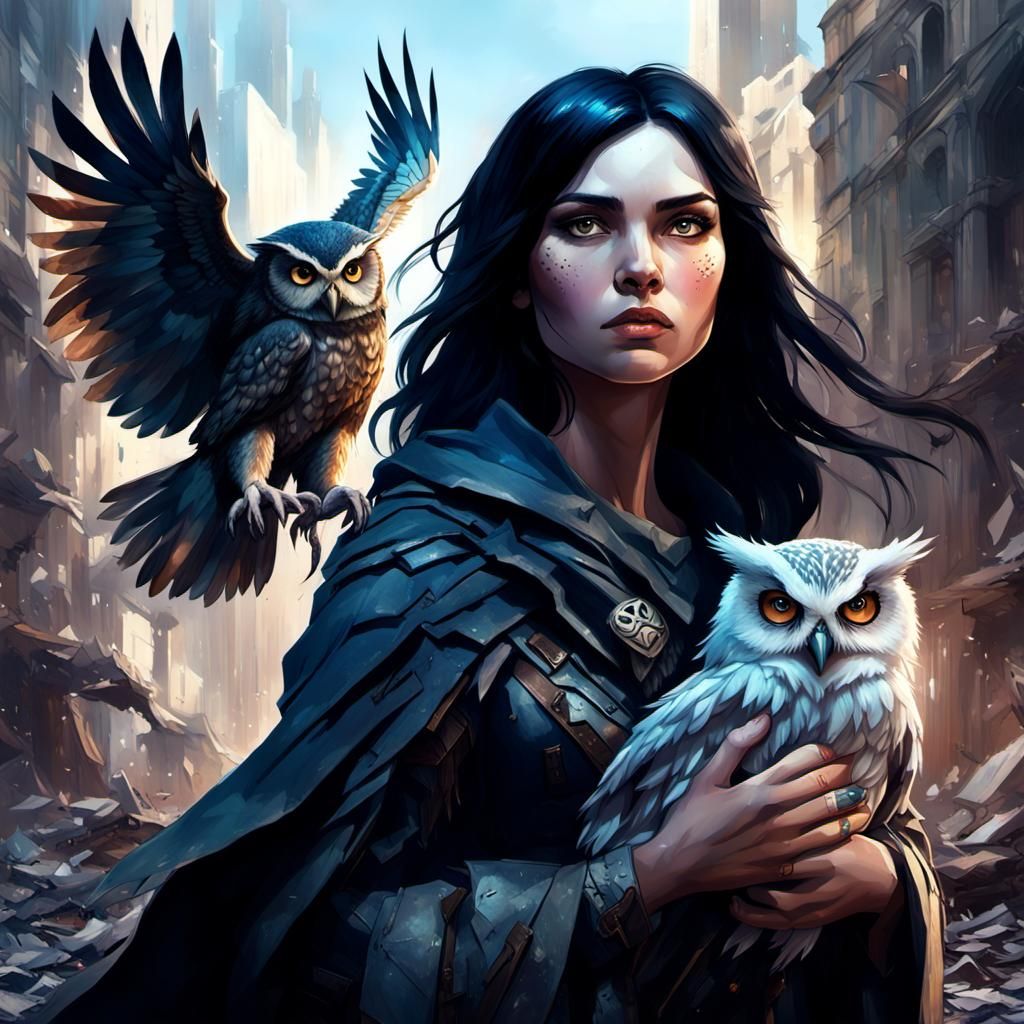 Winged Woman with Owl in Ruined City