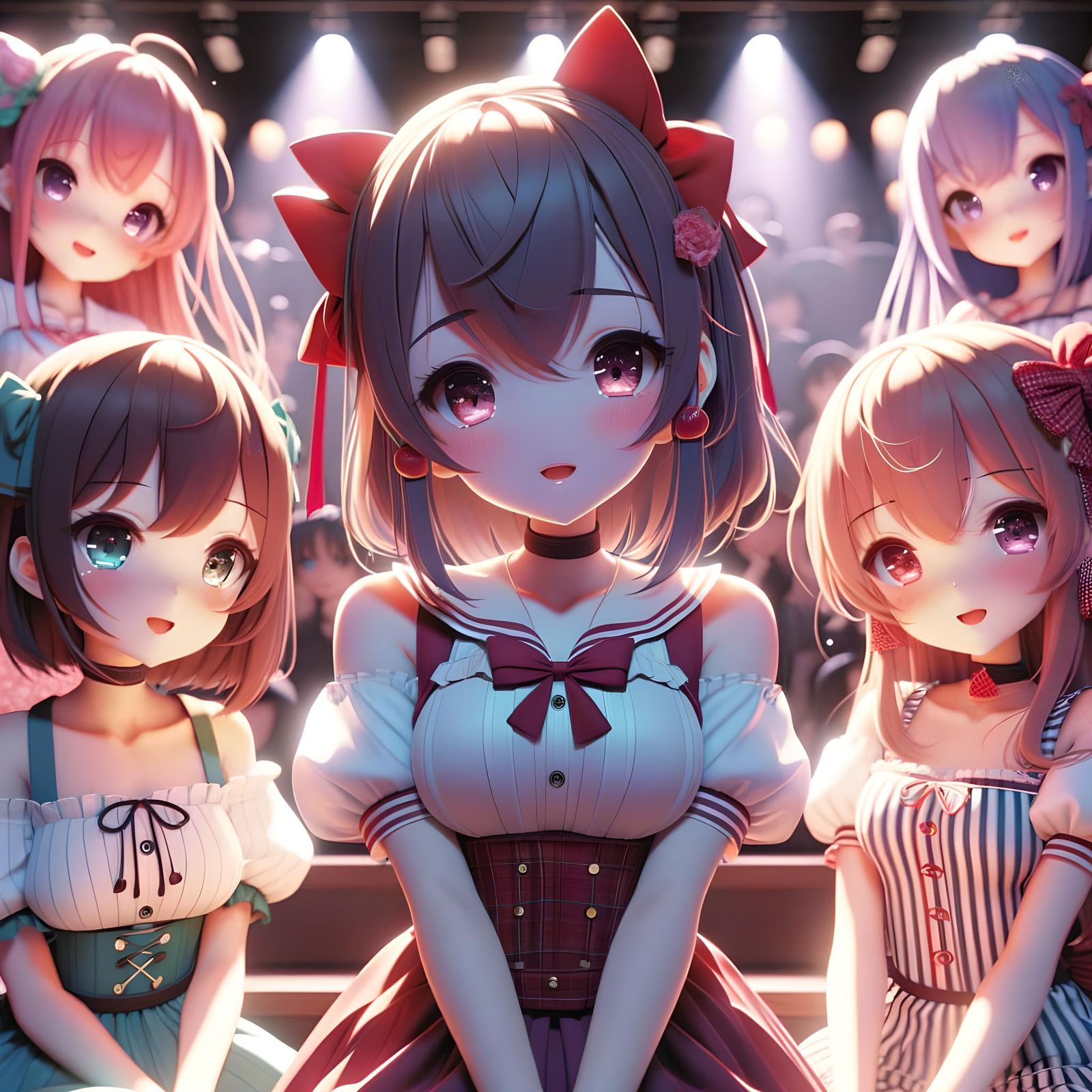 Anime Girls Group Photo in Cel-Shaded Style