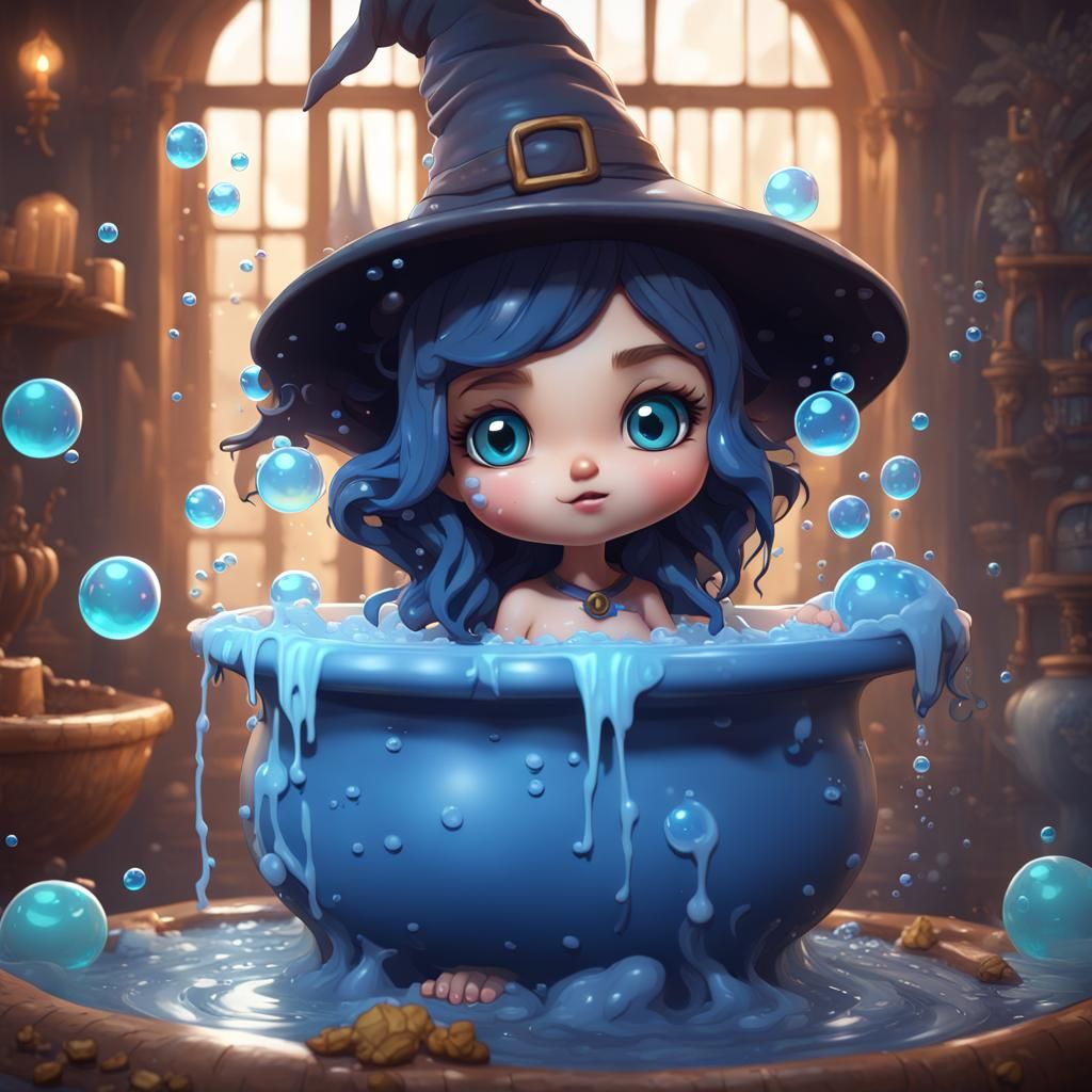 Chibi Witch Bathtime in Cauldron, Fantasy Concept Art