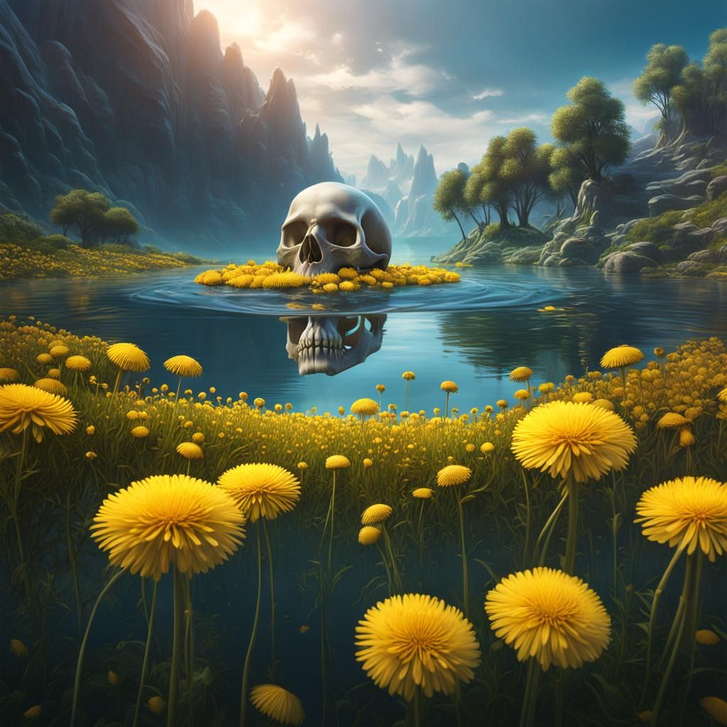 Skull Surrounded by Dandelions in Wasteland: Fantasy Art