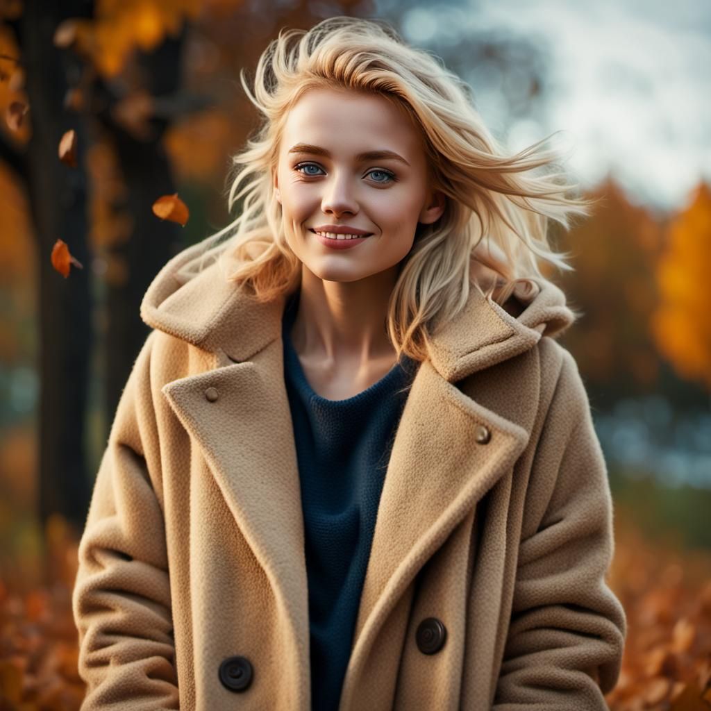 Attractive Woman in Autumn Wind, Photorealistic Portrait